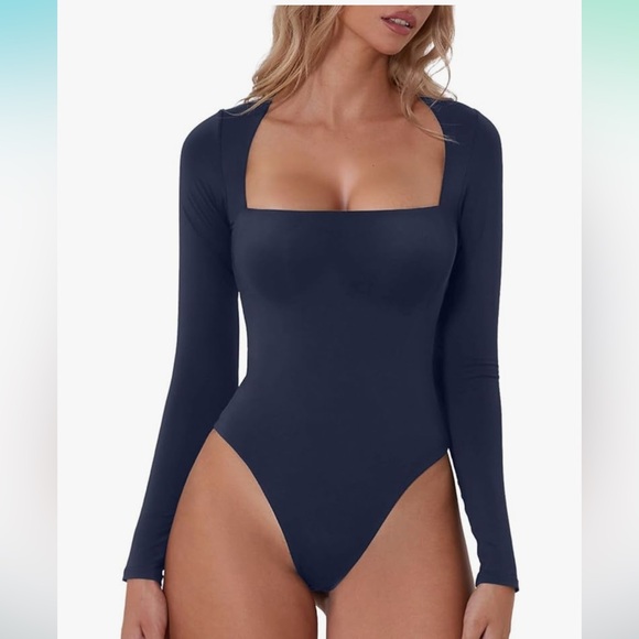 Qinsen Tops - Qinsen Square Neck Thong Long Sleeve Bodysuit Navy Blue Women’s Size Medium